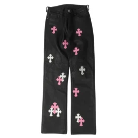 Pantalones de cuero con Cross Patch en la rodilla Fleur de Chrome Hearts