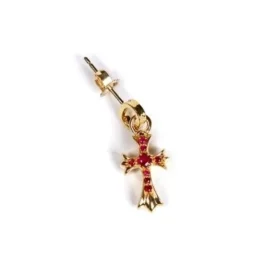 Pendientes con charm de crucito en oro de 22 quilates y rubíes